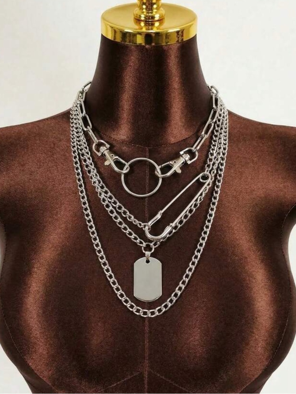New! Silver-Tone Layered Chain Necklace Set with Tag & Safety Pin B03-08